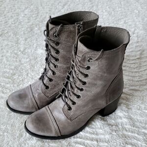 Steve Madden Genuine Leather Gray Lace-Up Ankle Boots Bootie Heels 8.5